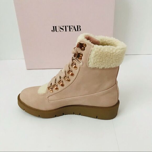 New! JustFab Faux Suede Sherpa Cuff Hiker Lace Up Wedge Winter Boots Booties - Picture 8 of 16